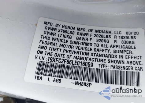 2020 Honda Civic Lx из США, поврежденный, VIN 19XFC2F66LE016059